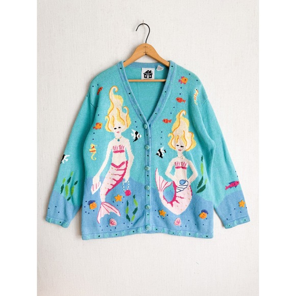 Storybook Knits Sweaters - Storybook Knits Mermaid Cardigan Teal Blue Beaded Embroidered Novelty Sweater 1X